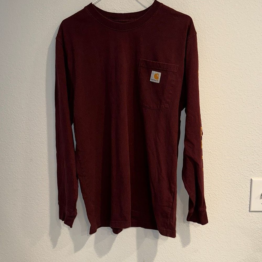 CARHARTT LONG SLEEVE Pocket Tee Spell Out on Left Sleeve Maroon & Yellow Size Sm